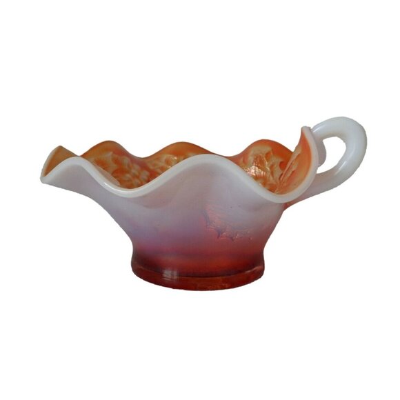Vintage Carnival Glass Peach Opalescent Bowl w/Handle Holly Berry Pattern - Picture 4 of 6
